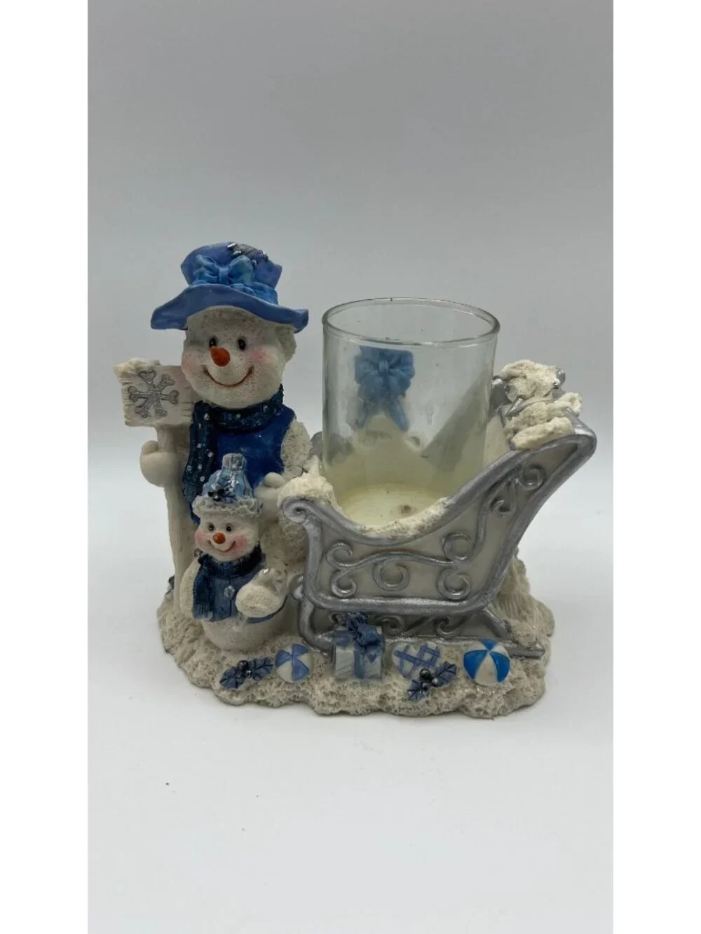 Frosty Snowman Blue & White Candle Holder Figurine Winter Decor